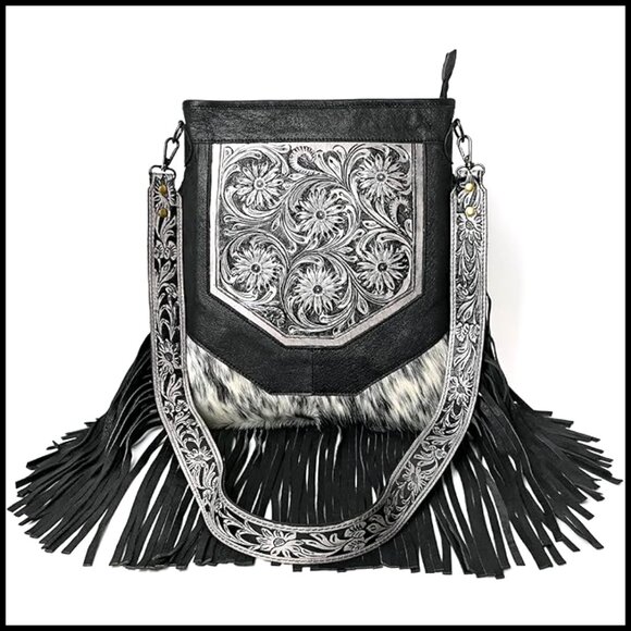 Hand-Tooled Leather Crossbody Bag with Fringe Adjustable Strap